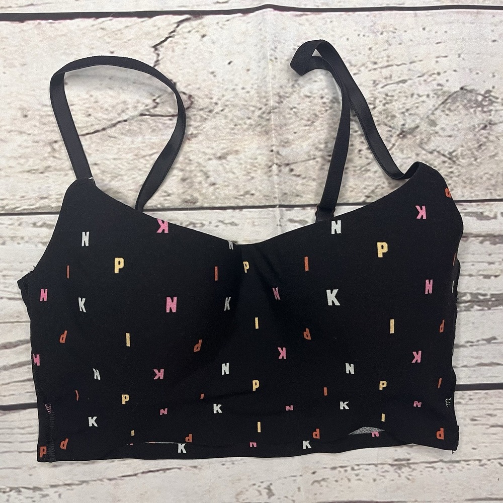 Victoria's Secret PINK Wireless Lightly Lined Bralette XS Black Letter Print
